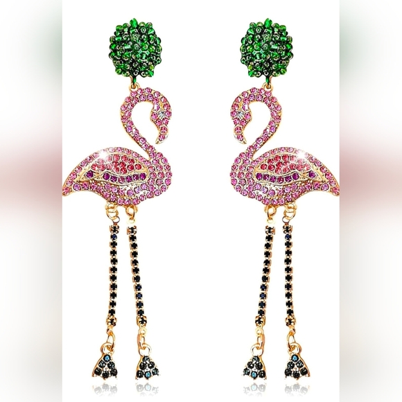 Restocked!  "Lisea"  Rhinestone Flamingo Drop Earrings Stud Earrings - Picture 2 of 7